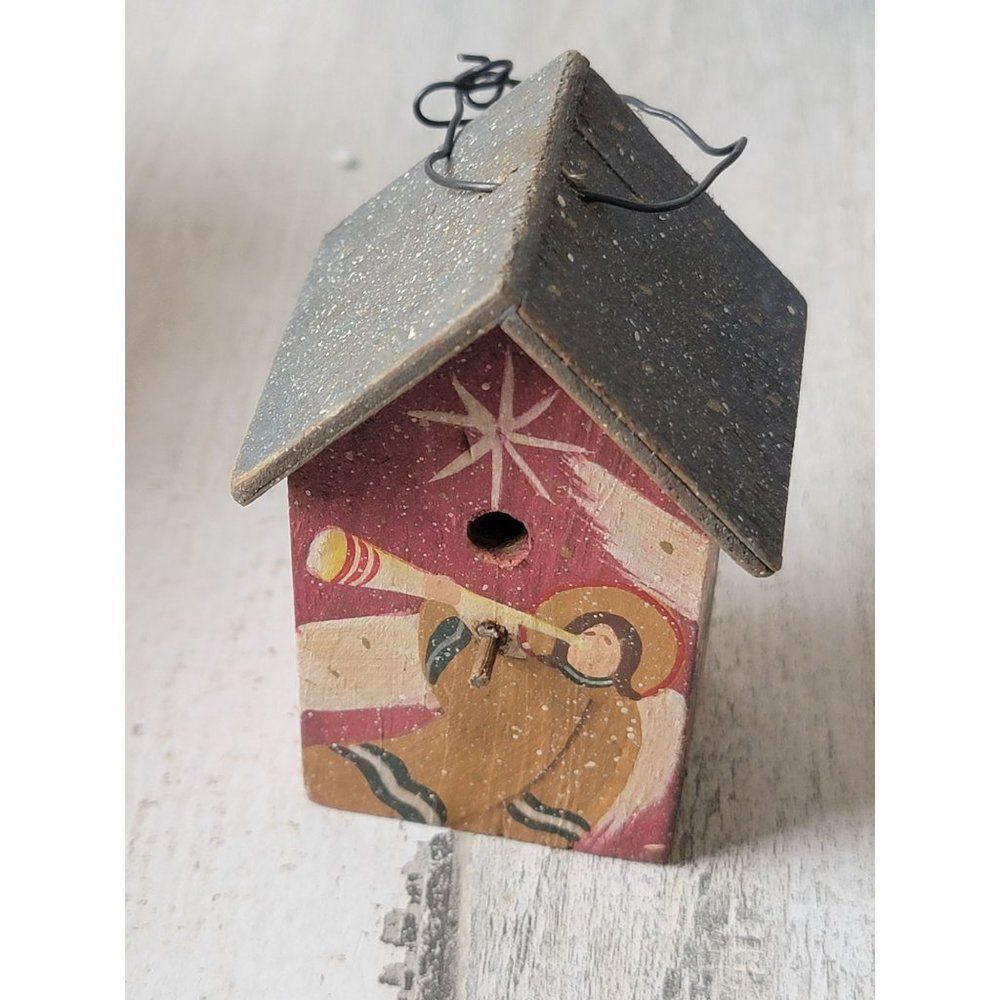 Mini birdhouse Angel cherub Joy to the World ornament Xmas decor